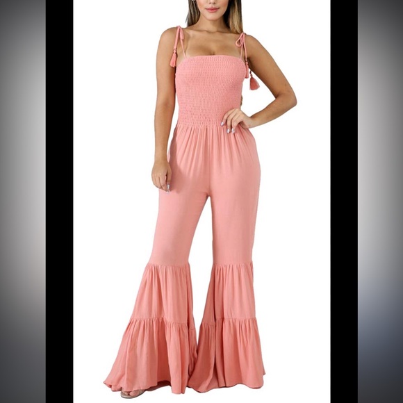 Main Strip Linen Bell Bottom Jumpsuit - Picture 2 of 8